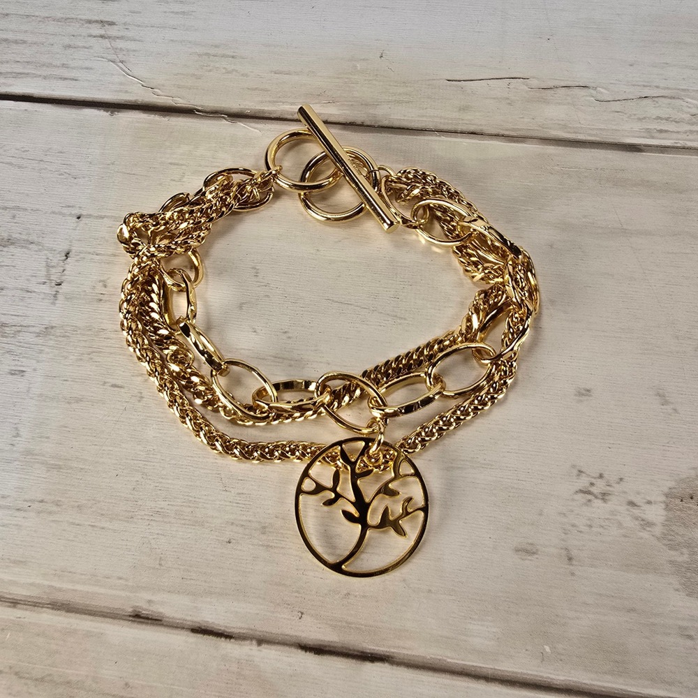 Gold Tone Tree of Life Multi Strand Chain Bracelet Toggle‎ Clasp Layered Link